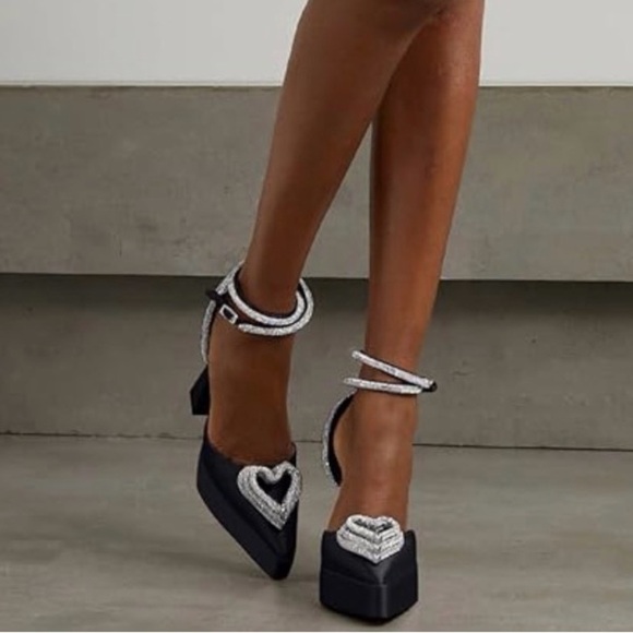 Coutgo Shoes - Rhinestone Triple Heart Platform Ankle Strap Pointed Toe Party Statement Heel 9